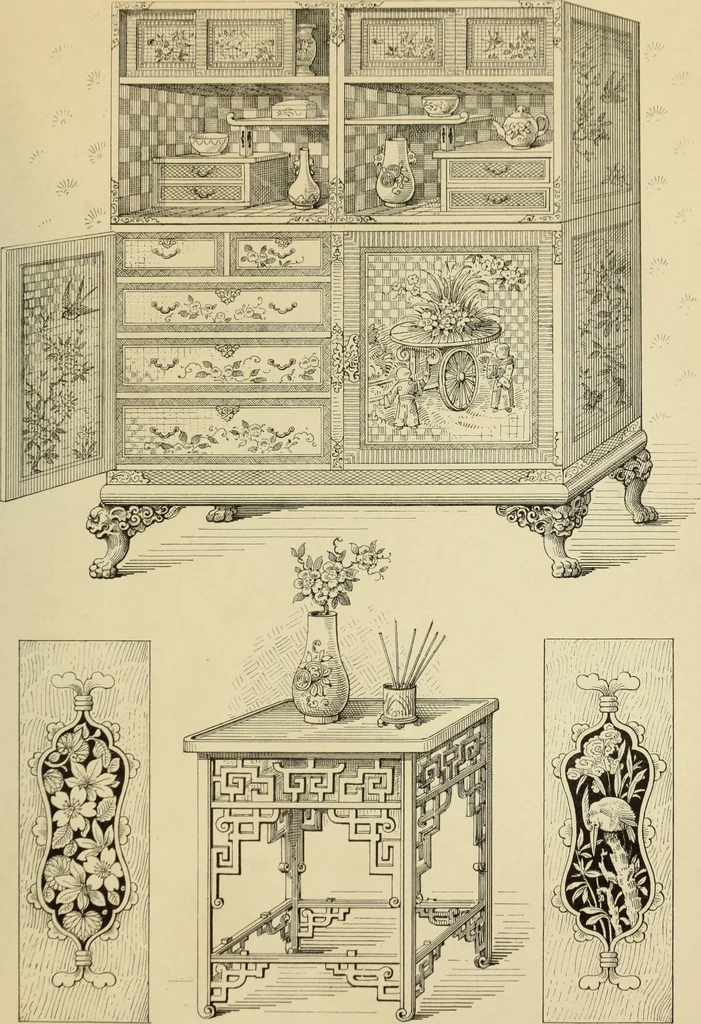 An illustration from Elements of style in furniture and woodwork, being a series of details of the Italian, German Renaissance, Elizabethan, Louis XIVth, Louis XVth, Louis XVIth, Sheraton, Adams, Empire, Chinese, Japanese, and Moresque styles ... for the use of architects, furniture designers, cabinet makers and others, 1889, leaf 126