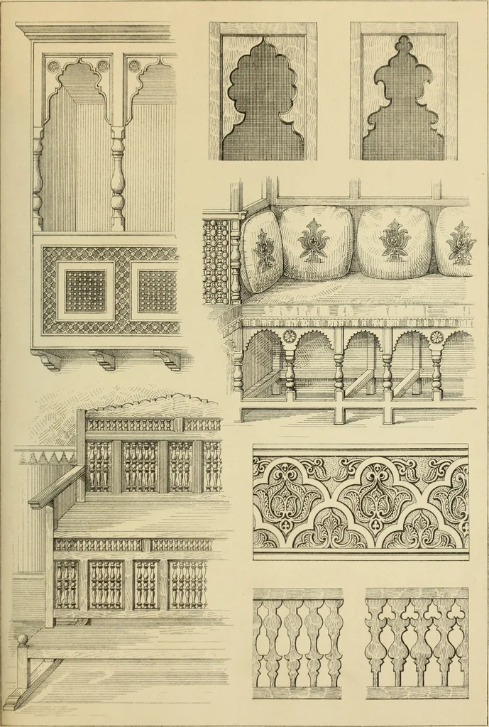 An illustration from Elements of style in furniture and woodwork, being a series of details of the Italian, German Renaissance, Elizabethan, Louis XIVth, Louis XVth, Louis XVIth, Sheraton, Adams, Empire, Chinese, Japanese, and Moresque styles ... for the use of architects, furniture designers, cabinet makers and others, 1889, leaf 128