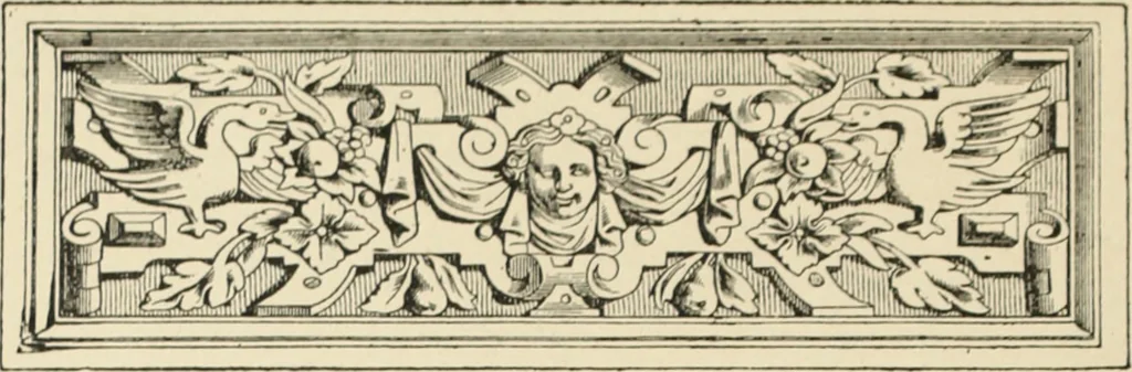 An illustration from Elements of style in furniture and woodwork, being a series of details of the Italian, German Renaissance, Elizabethan, Louis XIVth, Louis XVth, Louis XVIth, Sheraton, Adams, Empire, Chinese, Japanese, and Moresque styles ... for the use of architects, furniture designers, cabinet makers and others, 1889, leaf 13