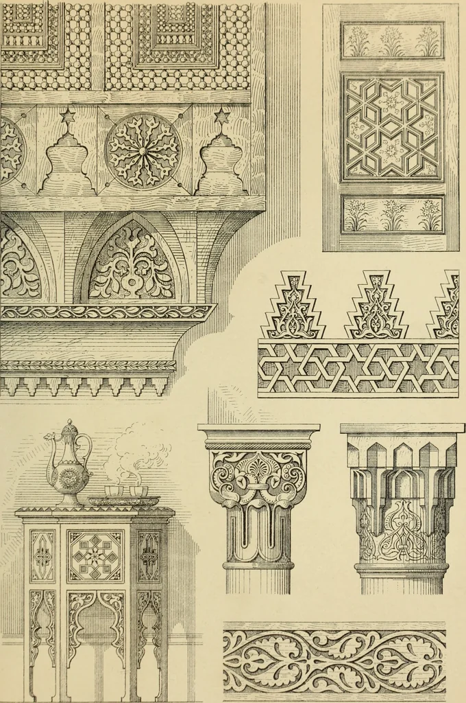 An illustration from Elements of style in furniture and woodwork, being a series of details of the Italian, German Renaissance, Elizabethan, Louis XIVth, Louis XVth, Louis XVIth, Sheraton, Adams, Empire, Chinese, Japanese, and Moresque styles ... for the use of architects, furniture designers, cabinet makers and others, 1889, leaf 130