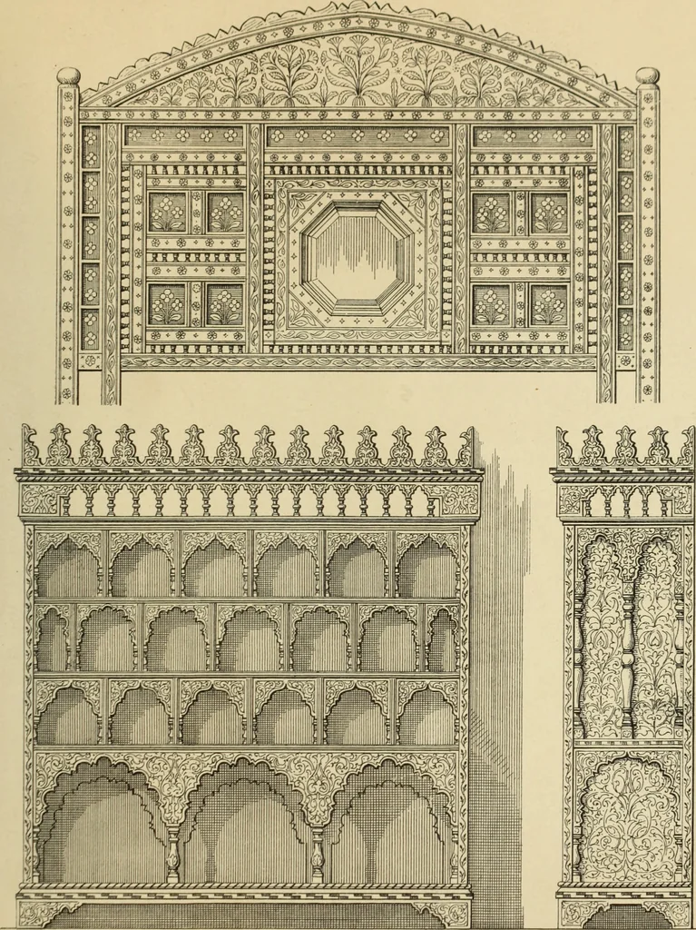 An illustration from Elements of style in furniture and woodwork, being a series of details of the Italian, German Renaissance, Elizabethan, Louis XIVth, Louis XVth, Louis XVIth, Sheraton, Adams, Empire, Chinese, Japanese, and Moresque styles ... for the use of architects, furniture designers, cabinet makers and others, 1889, leaf 132