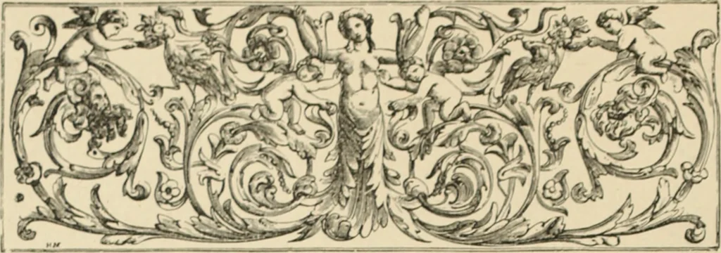 An illustration from Elements of style in furniture and woodwork, being a series of details of the Italian, German Renaissance, Elizabethan, Louis XIVth, Louis XVth, Louis XVIth, Sheraton, Adams, Empire, Chinese, Japanese, and Moresque styles ... for the use of architects, furniture designers, cabinet makers and others, 1889, leaf 23
