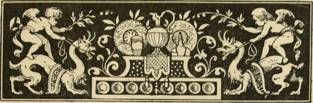 An illustration from Elements of style in furniture and woodwork, being a series of details of the Italian, German Renaissance, Elizabethan, Louis XIVth, Louis XVth, Louis XVIth, Sheraton, Adams, Empire, Chinese, Japanese, and Moresque styles ... for the use of architects, furniture designers, cabinet makers and others, 1889, leaf 28