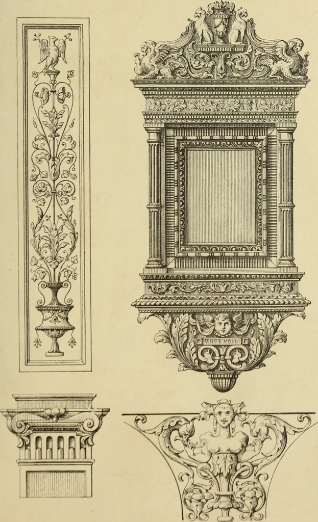 An illustration from Elements of style in furniture and woodwork, being a series of details of the Italian, German Renaissance, Elizabethan, Louis XIVth, Louis XVth, Louis XVIth, Sheraton, Adams, Empire, Chinese, Japanese, and Moresque styles ... for the use of architects, furniture designers, cabinet makers and others, 1889, leaf 40