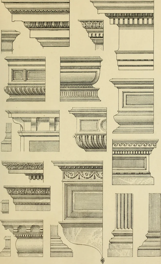 An illustration from Elements of style in furniture and woodwork, being a series of details of the Italian, German Renaissance, Elizabethan, Louis XIVth, Louis XVth, Louis XVIth, Sheraton, Adams, Empire, Chinese, Japanese, and Moresque styles ... for the use of architects, furniture designers, cabinet makers and others, 1889, leaf 42