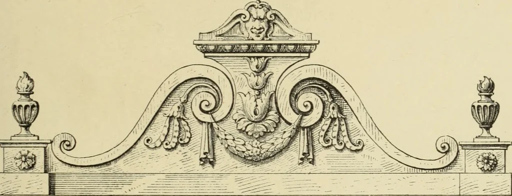 An illustration from Elements of style in furniture and woodwork, being a series of details of the Italian, German Renaissance, Elizabethan, Louis XIVth, Louis XVth, Louis XVIth, Sheraton, Adams, Empire, Chinese, Japanese, and Moresque styles ... for the use of architects, furniture designers, cabinet makers and others, 1889, leaf 44