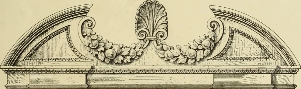 An illustration from Elements of style in furniture and woodwork, being a series of details of the Italian, German Renaissance, Elizabethan, Louis XIVth, Louis XVth, Louis XVIth, Sheraton, Adams, Empire, Chinese, Japanese, and Moresque styles ... for the use of architects, furniture designers, cabinet makers and others, 1889, leaf 44