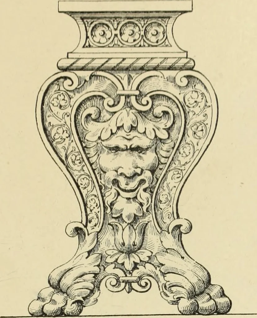 An illustration from Elements of style in furniture and woodwork, being a series of details of the Italian, German Renaissance, Elizabethan, Louis XIVth, Louis XVth, Louis XVIth, Sheraton, Adams, Empire, Chinese, Japanese, and Moresque styles ... for the use of architects, furniture designers, cabinet makers and others, 1889, leaf 46