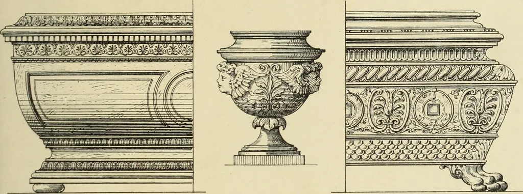 An illustration from Elements of style in furniture and woodwork, being a series of details of the Italian, German Renaissance, Elizabethan, Louis XIVth, Louis XVth, Louis XVIth, Sheraton, Adams, Empire, Chinese, Japanese, and Moresque styles ... for the use of architects, furniture designers, cabinet makers and others, 1889, leaf 46