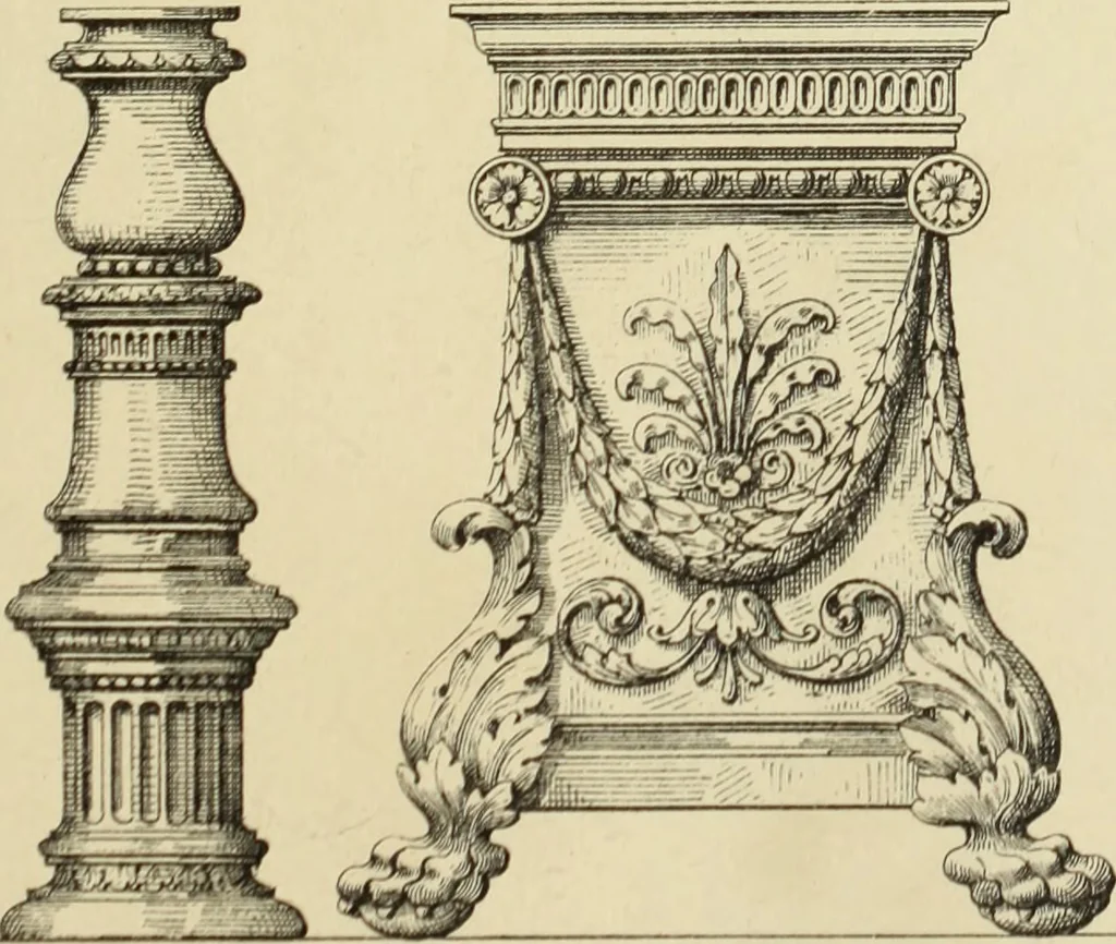 An illustration from Elements of style in furniture and woodwork, being a series of details of the Italian, German Renaissance, Elizabethan, Louis XIVth, Louis XVth, Louis XVIth, Sheraton, Adams, Empire, Chinese, Japanese, and Moresque styles ... for the use of architects, furniture designers, cabinet makers and others, 1889, leaf 46