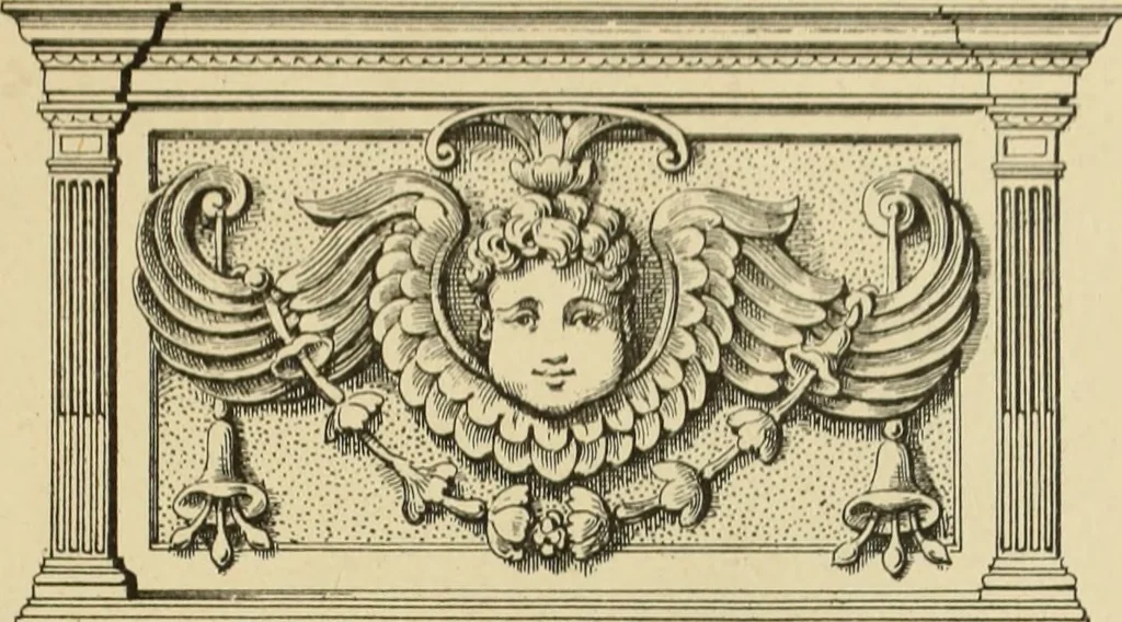 An illustration from Elements of style in furniture and woodwork, being a series of details of the Italian, German Renaissance, Elizabethan, Louis XIVth, Louis XVth, Louis XVIth, Sheraton, Adams, Empire, Chinese, Japanese, and Moresque styles ... for the use of architects, furniture designers, cabinet makers and others, 1889, leaf 48