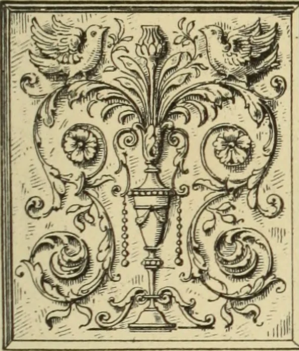 An illustration from Elements of style in furniture and woodwork, being a series of details of the Italian, German Renaissance, Elizabethan, Louis XIVth, Louis XVth, Louis XVIth, Sheraton, Adams, Empire, Chinese, Japanese, and Moresque styles ... for the use of architects, furniture designers, cabinet makers and others, 1889, leaf 48