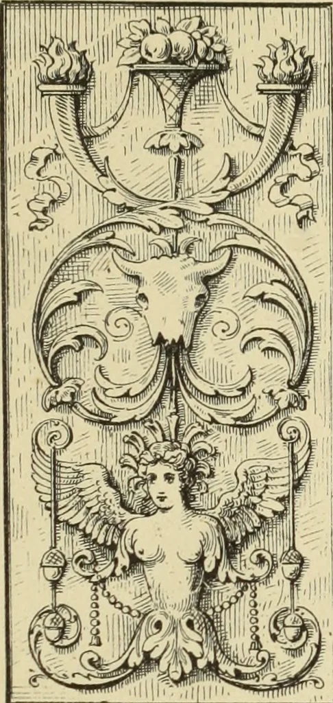 An illustration from Elements of style in furniture and woodwork, being a series of details of the Italian, German Renaissance, Elizabethan, Louis XIVth, Louis XVth, Louis XVIth, Sheraton, Adams, Empire, Chinese, Japanese, and Moresque styles ... for the use of architects, furniture designers, cabinet makers and others, 1889, leaf 48