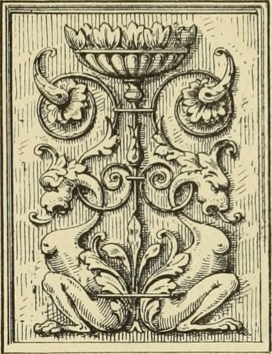 An illustration from Elements of style in furniture and woodwork, being a series of details of the Italian, German Renaissance, Elizabethan, Louis XIVth, Louis XVth, Louis XVIth, Sheraton, Adams, Empire, Chinese, Japanese, and Moresque styles ... for the use of architects, furniture designers, cabinet makers and others, 1889, leaf 48