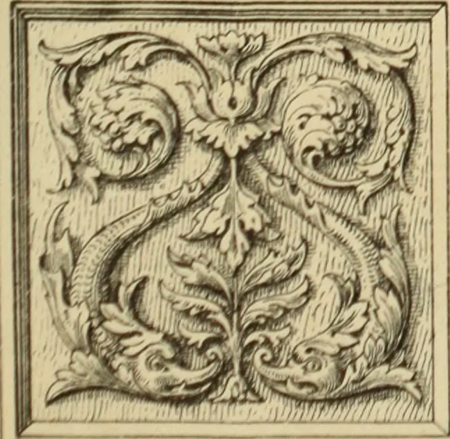 An illustration from Elements of style in furniture and woodwork, being a series of details of the Italian, German Renaissance, Elizabethan, Louis XIVth, Louis XVth, Louis XVIth, Sheraton, Adams, Empire, Chinese, Japanese, and Moresque styles ... for the use of architects, furniture designers, cabinet makers and others, 1889, leaf 48