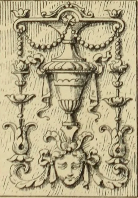 An illustration from Elements of style in furniture and woodwork, being a series of details of the Italian, German Renaissance, Elizabethan, Louis XIVth, Louis XVth, Louis XVIth, Sheraton, Adams, Empire, Chinese, Japanese, and Moresque styles ... for the use of architects, furniture designers, cabinet makers and others, 1889, leaf 48