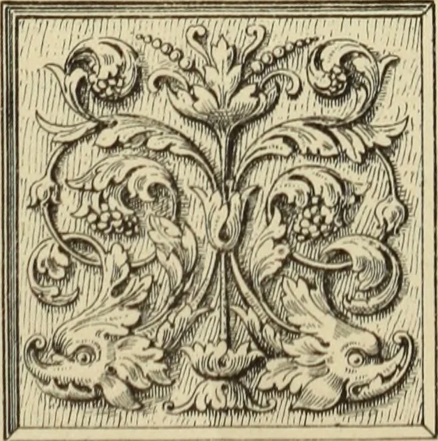 An illustration from Elements of style in furniture and woodwork, being a series of details of the Italian, German Renaissance, Elizabethan, Louis XIVth, Louis XVth, Louis XVIth, Sheraton, Adams, Empire, Chinese, Japanese, and Moresque styles ... for the use of architects, furniture designers, cabinet makers and others, 1889, leaf 48