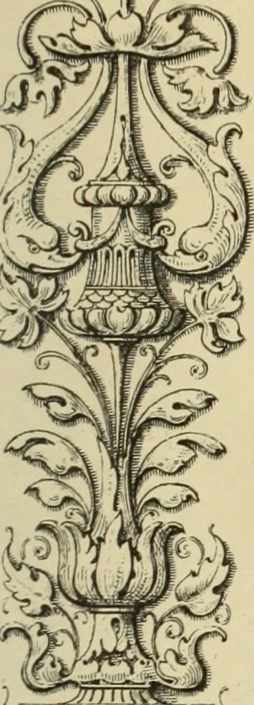 An illustration from Elements of style in furniture and woodwork, being a series of details of the Italian, German Renaissance, Elizabethan, Louis XIVth, Louis XVth, Louis XVIth, Sheraton, Adams, Empire, Chinese, Japanese, and Moresque styles ... for the use of architects, furniture designers, cabinet makers and others, 1889, leaf 50