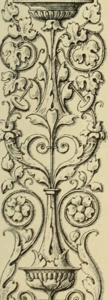 An illustration from Elements of style in furniture and woodwork, being a series of details of the Italian, German Renaissance, Elizabethan, Louis XIVth, Louis XVth, Louis XVIth, Sheraton, Adams, Empire, Chinese, Japanese, and Moresque styles ... for the use of architects, furniture designers, cabinet makers and others, 1889, leaf 50