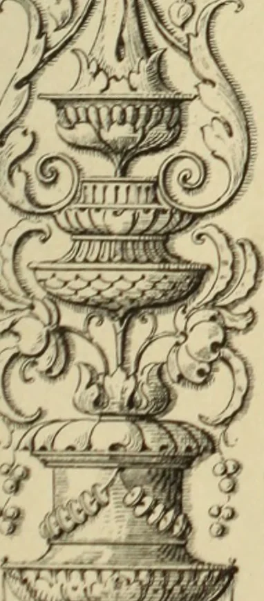 An illustration from Elements of style in furniture and woodwork, being a series of details of the Italian, German Renaissance, Elizabethan, Louis XIVth, Louis XVth, Louis XVIth, Sheraton, Adams, Empire, Chinese, Japanese, and Moresque styles ... for the use of architects, furniture designers, cabinet makers and others, 1889, leaf 50