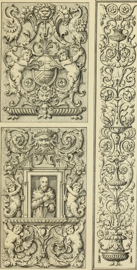 An illustration from Elements of style in furniture and woodwork, being a series of details of the Italian, German Renaissance, Elizabethan, Louis XIVth, Louis XVth, Louis XVIth, Sheraton, Adams, Empire, Chinese, Japanese, and Moresque styles ... for the use of architects, furniture designers, cabinet makers and others, 1889, leaf 50