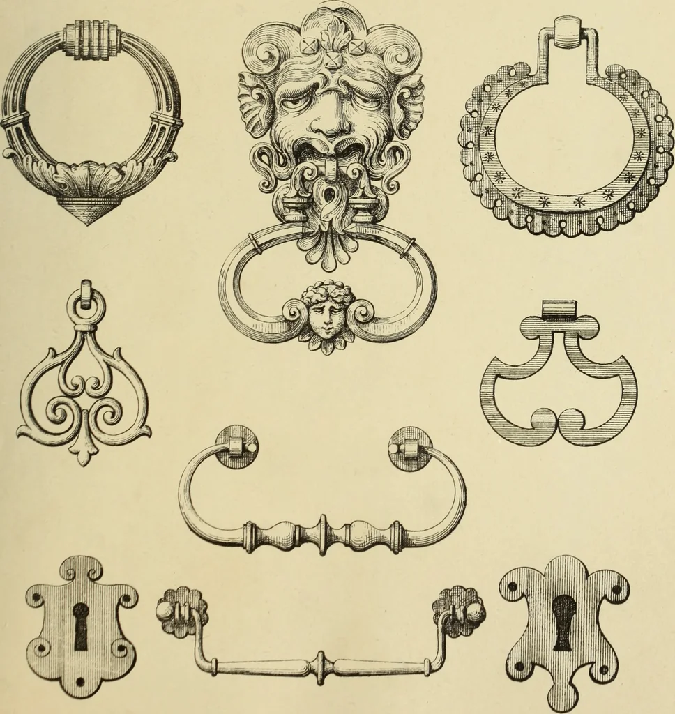An illustration from Elements of style in furniture and woodwork, being a series of details of the Italian, German Renaissance, Elizabethan, Louis XIVth, Louis XVth, Louis XVIth, Sheraton, Adams, Empire, Chinese, Japanese, and Moresque styles ... for the use of architects, furniture designers, cabinet makers and others, 1889, leaf 52
