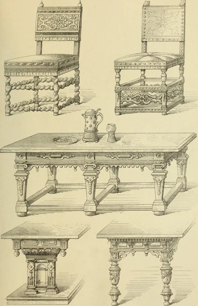 An illustration from Elements of style in furniture and woodwork, being a series of details of the Italian, German Renaissance, Elizabethan, Louis XIVth, Louis XVth, Louis XVIth, Sheraton, Adams, Empire, Chinese, Japanese, and Moresque styles ... for the use of architects, furniture designers, cabinet makers and others, 1889, leaf 54
