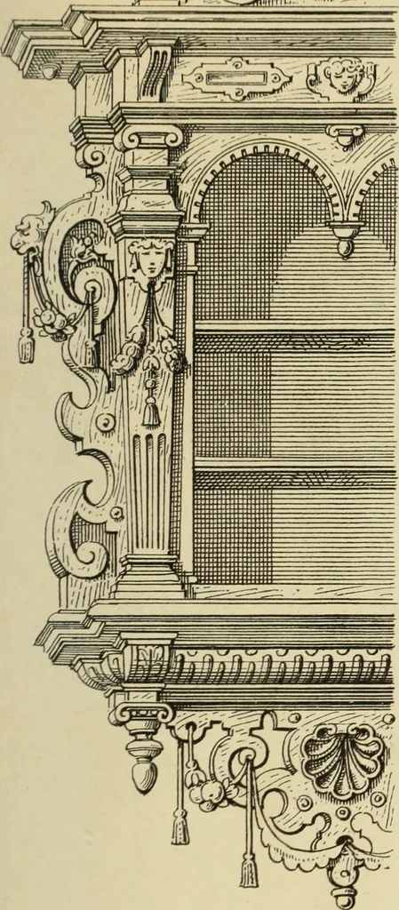 An illustration from Elements of style in furniture and woodwork, being a series of details of the Italian, German Renaissance, Elizabethan, Louis XIVth, Louis XVth, Louis XVIth, Sheraton, Adams, Empire, Chinese, Japanese, and Moresque styles ... for the use of architects, furniture designers, cabinet makers and others, 1889, leaf 56