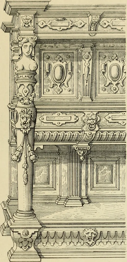 An illustration from Elements of style in furniture and woodwork, being a series of details of the Italian, German Renaissance, Elizabethan, Louis XIVth, Louis XVth, Louis XVIth, Sheraton, Adams, Empire, Chinese, Japanese, and Moresque styles ... for the use of architects, furniture designers, cabinet makers and others, 1889, leaf 56
