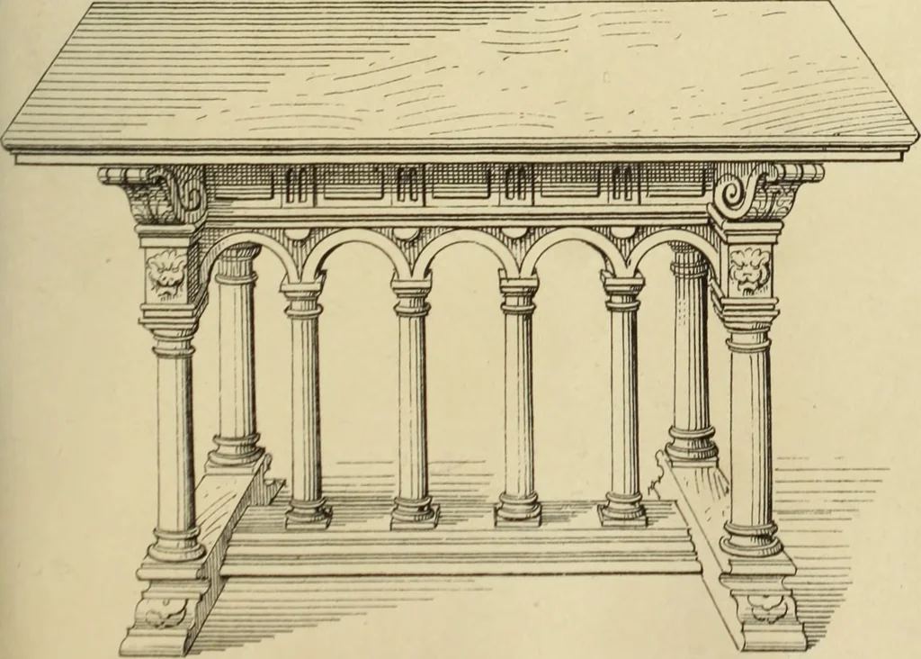 An illustration from Elements of style in furniture and woodwork, being a series of details of the Italian, German Renaissance, Elizabethan, Louis XIVth, Louis XVth, Louis XVIth, Sheraton, Adams, Empire, Chinese, Japanese, and Moresque styles ... for the use of architects, furniture designers, cabinet makers and others, 1889, leaf 56