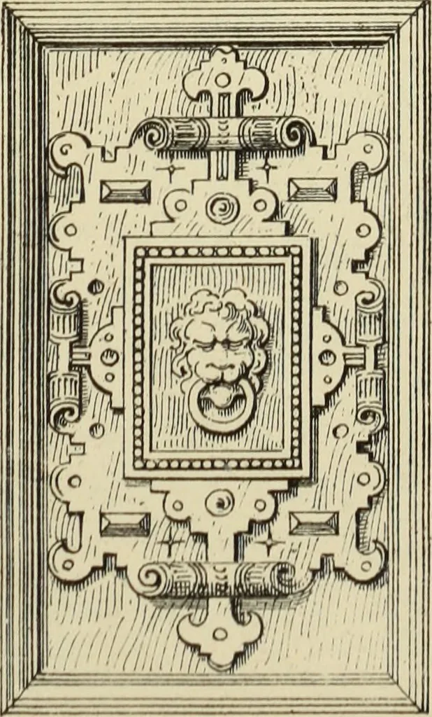 An illustration from Elements of style in furniture and woodwork, being a series of details of the Italian, German Renaissance, Elizabethan, Louis XIVth, Louis XVth, Louis XVIth, Sheraton, Adams, Empire, Chinese, Japanese, and Moresque styles ... for the use of architects, furniture designers, cabinet makers and others, 1889, leaf 56