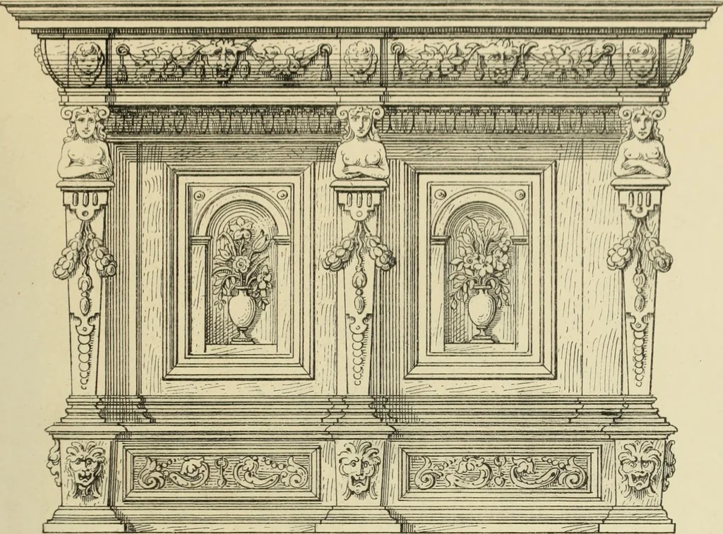 An illustration from Elements of style in furniture and woodwork, being a series of details of the Italian, German Renaissance, Elizabethan, Louis XIVth, Louis XVth, Louis XVIth, Sheraton, Adams, Empire, Chinese, Japanese, and Moresque styles ... for the use of architects, furniture designers, cabinet makers and others, 1889, leaf 58