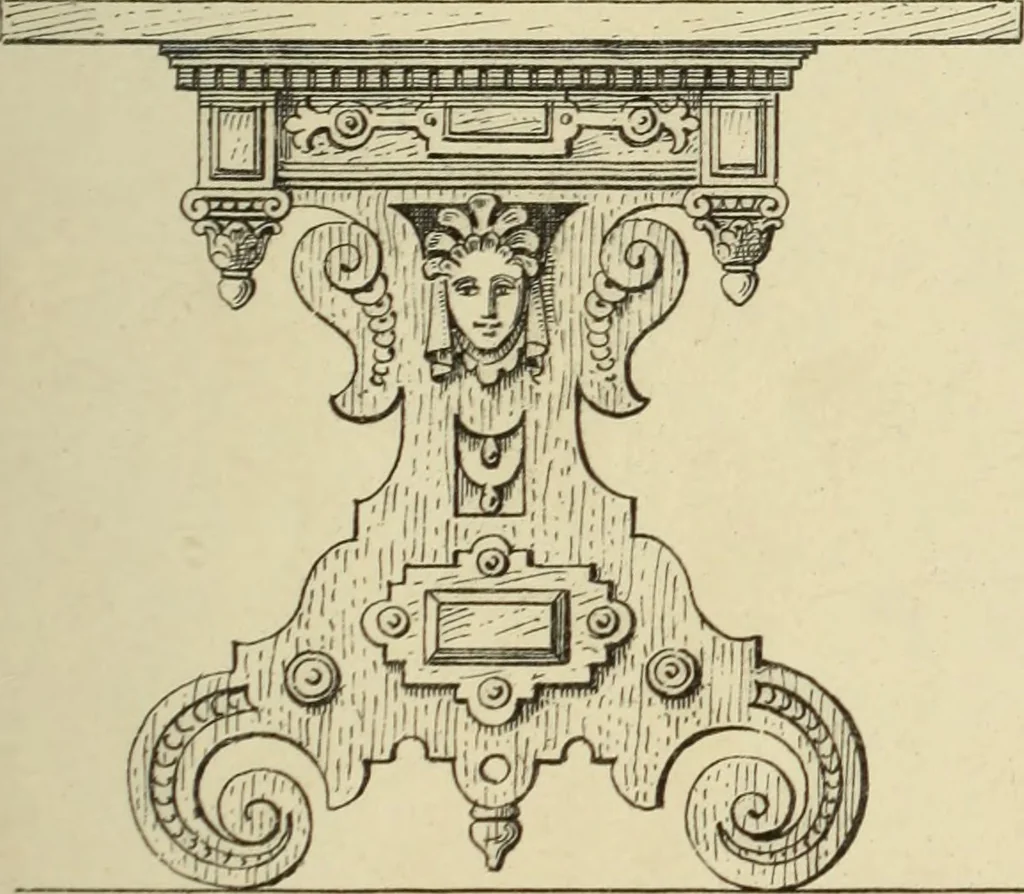 An illustration from Elements of style in furniture and woodwork, being a series of details of the Italian, German Renaissance, Elizabethan, Louis XIVth, Louis XVth, Louis XVIth, Sheraton, Adams, Empire, Chinese, Japanese, and Moresque styles ... for the use of architects, furniture designers, cabinet makers and others, 1889, leaf 58