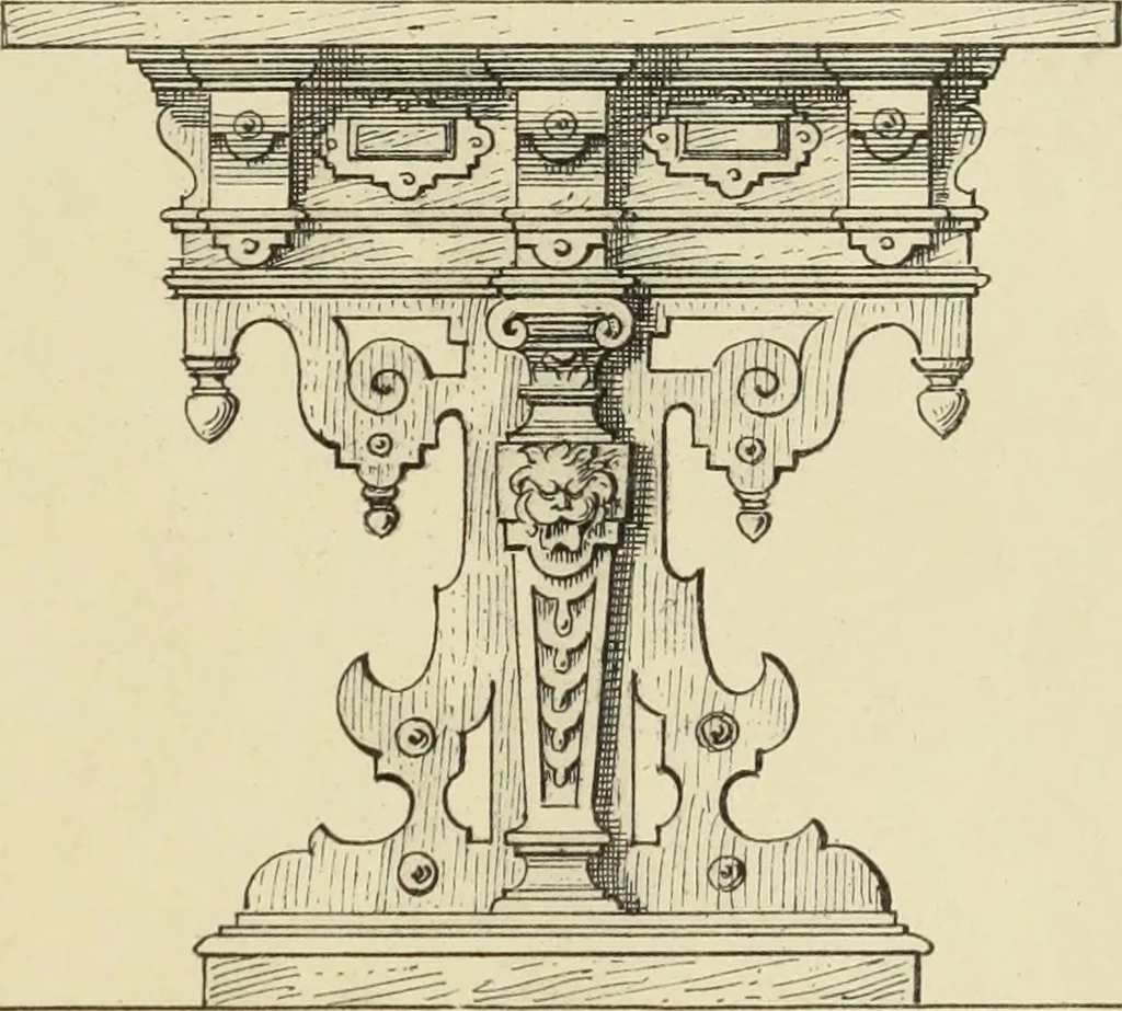 An illustration from Elements of style in furniture and woodwork, being a series of details of the Italian, German Renaissance, Elizabethan, Louis XIVth, Louis XVth, Louis XVIth, Sheraton, Adams, Empire, Chinese, Japanese, and Moresque styles ... for the use of architects, furniture designers, cabinet makers and others, 1889, leaf 58