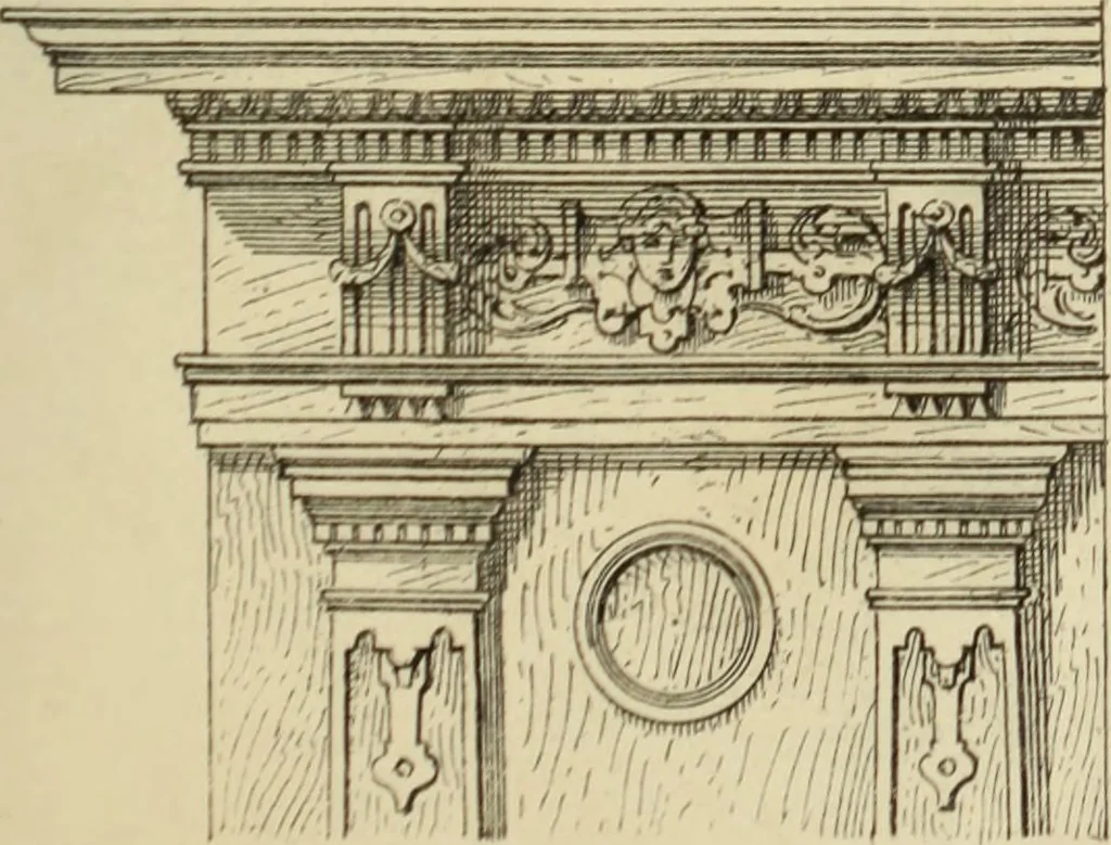 An illustration from Elements of style in furniture and woodwork, being a series of details of the Italian, German Renaissance, Elizabethan, Louis XIVth, Louis XVth, Louis XVIth, Sheraton, Adams, Empire, Chinese, Japanese, and Moresque styles ... for the use of architects, furniture designers, cabinet makers and others, 1889, leaf 58