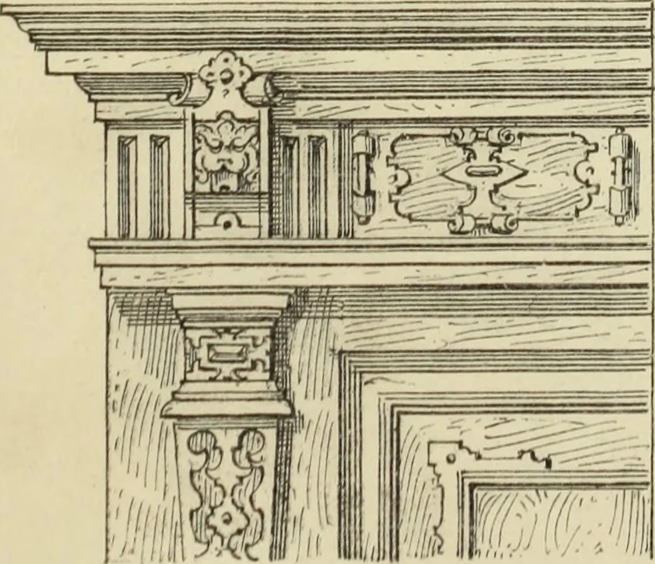 An illustration from Elements of style in furniture and woodwork, being a series of details of the Italian, German Renaissance, Elizabethan, Louis XIVth, Louis XVth, Louis XVIth, Sheraton, Adams, Empire, Chinese, Japanese, and Moresque styles ... for the use of architects, furniture designers, cabinet makers and others, 1889, leaf 58