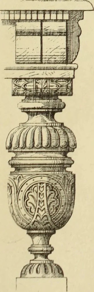 An illustration from Elements of style in furniture and woodwork, being a series of details of the Italian, German Renaissance, Elizabethan, Louis XIVth, Louis XVth, Louis XVIth, Sheraton, Adams, Empire, Chinese, Japanese, and Moresque styles ... for the use of architects, furniture designers, cabinet makers and others, 1889, leaf 60