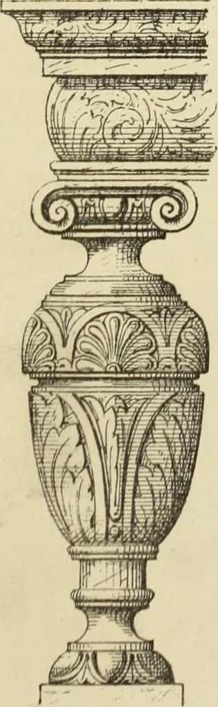 An illustration from Elements of style in furniture and woodwork, being a series of details of the Italian, German Renaissance, Elizabethan, Louis XIVth, Louis XVth, Louis XVIth, Sheraton, Adams, Empire, Chinese, Japanese, and Moresque styles ... for the use of architects, furniture designers, cabinet makers and others, 1889, leaf 60