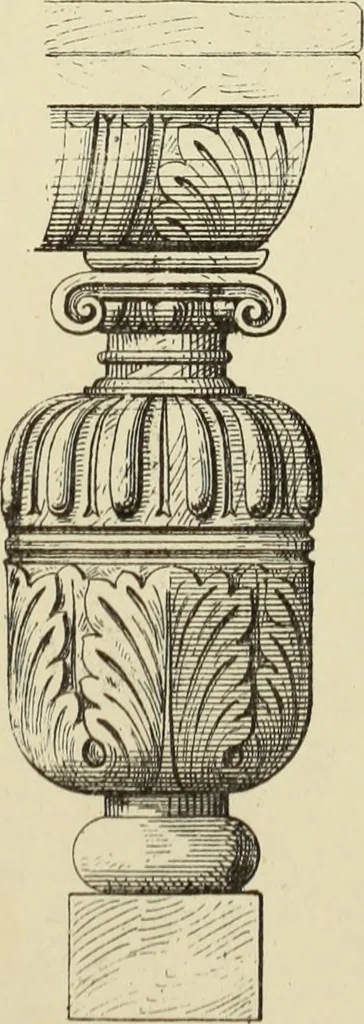 An illustration from Elements of style in furniture and woodwork, being a series of details of the Italian, German Renaissance, Elizabethan, Louis XIVth, Louis XVth, Louis XVIth, Sheraton, Adams, Empire, Chinese, Japanese, and Moresque styles ... for the use of architects, furniture designers, cabinet makers and others, 1889, leaf 60
