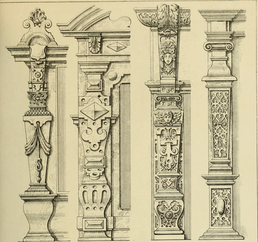 An illustration from Elements of style in furniture and woodwork, being a series of details of the Italian, German Renaissance, Elizabethan, Louis XIVth, Louis XVth, Louis XVIth, Sheraton, Adams, Empire, Chinese, Japanese, and Moresque styles ... for the use of architects, furniture designers, cabinet makers and others, 1889, leaf 62