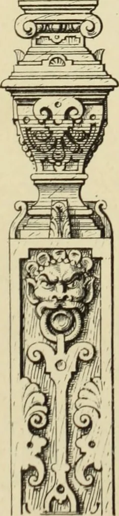 An illustration from Elements of style in furniture and woodwork, being a series of details of the Italian, German Renaissance, Elizabethan, Louis XIVth, Louis XVth, Louis XVIth, Sheraton, Adams, Empire, Chinese, Japanese, and Moresque styles ... for the use of architects, furniture designers, cabinet makers and others, 1889, leaf 62