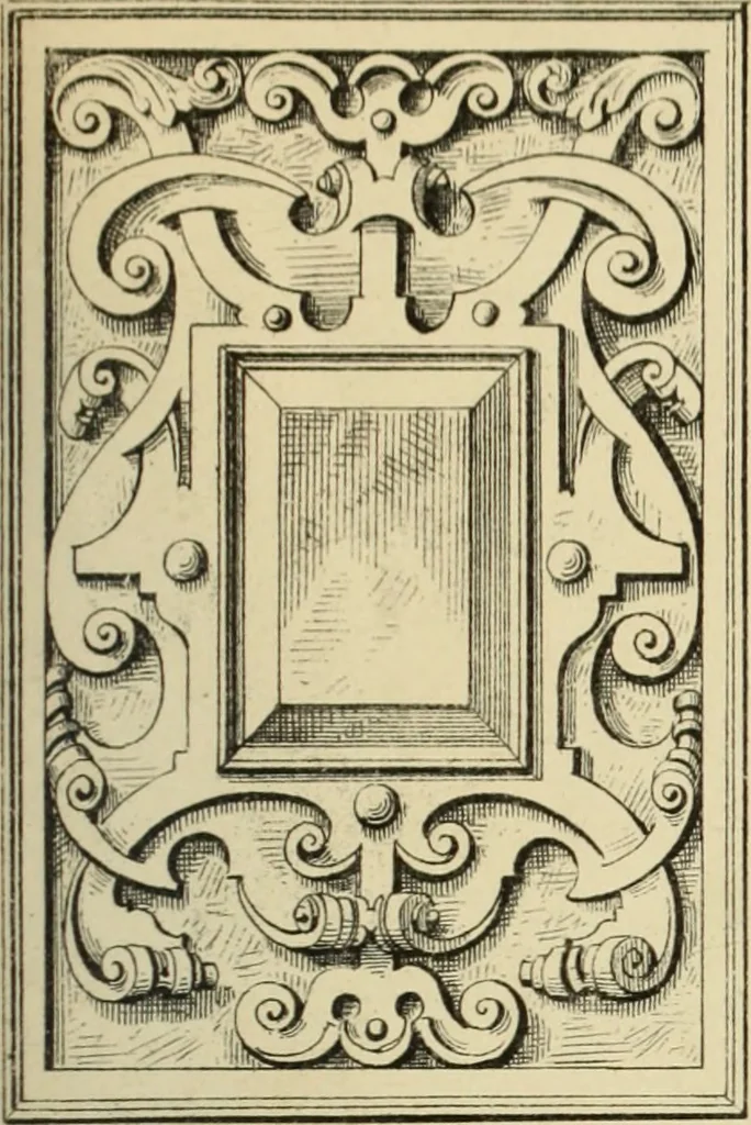 An illustration from Elements of style in furniture and woodwork, being a series of details of the Italian, German Renaissance, Elizabethan, Louis XIVth, Louis XVth, Louis XVIth, Sheraton, Adams, Empire, Chinese, Japanese, and Moresque styles ... for the use of architects, furniture designers, cabinet makers and others, 1889, leaf 64