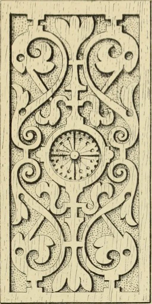 An illustration from Elements of style in furniture and woodwork, being a series of details of the Italian, German Renaissance, Elizabethan, Louis XIVth, Louis XVth, Louis XVIth, Sheraton, Adams, Empire, Chinese, Japanese, and Moresque styles ... for the use of architects, furniture designers, cabinet makers and others, 1889, leaf 64