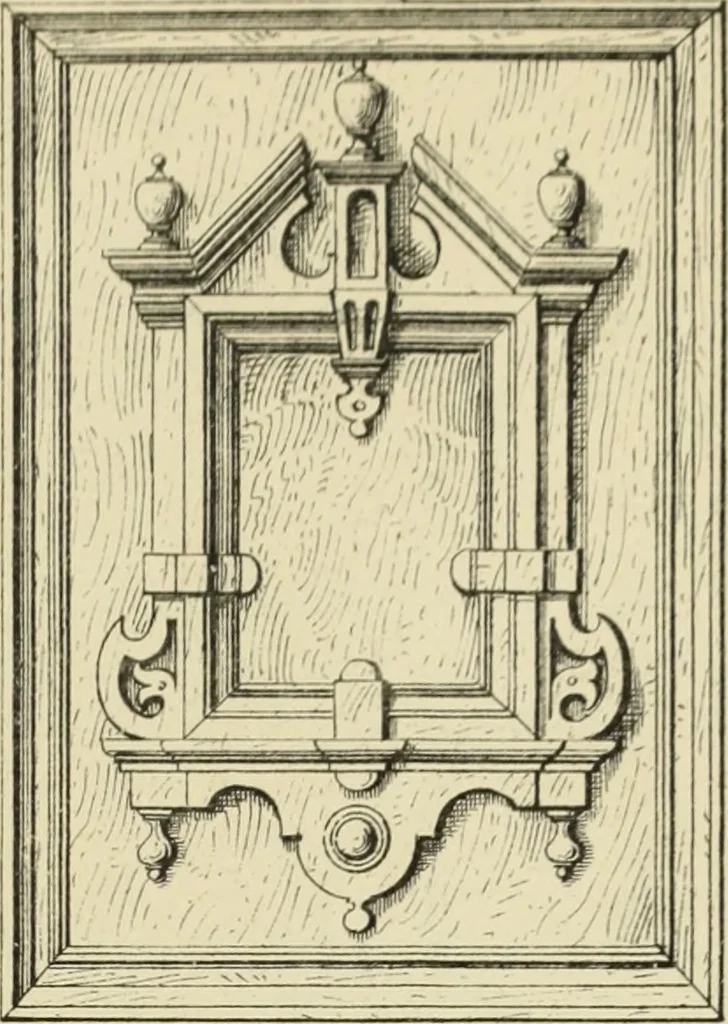 An illustration from Elements of style in furniture and woodwork, being a series of details of the Italian, German Renaissance, Elizabethan, Louis XIVth, Louis XVth, Louis XVIth, Sheraton, Adams, Empire, Chinese, Japanese, and Moresque styles ... for the use of architects, furniture designers, cabinet makers and others, 1889, leaf 64