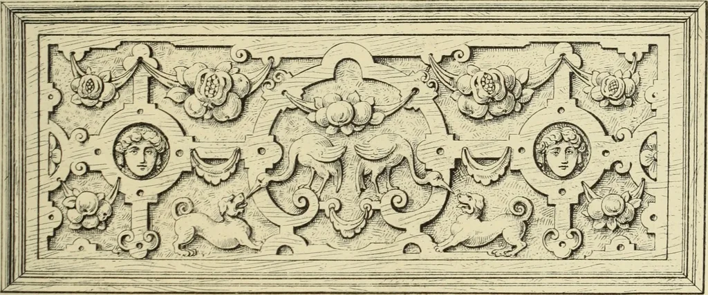 An illustration from Elements of style in furniture and woodwork, being a series of details of the Italian, German Renaissance, Elizabethan, Louis XIVth, Louis XVth, Louis XVIth, Sheraton, Adams, Empire, Chinese, Japanese, and Moresque styles ... for the use of architects, furniture designers, cabinet makers and others, 1889, leaf 64