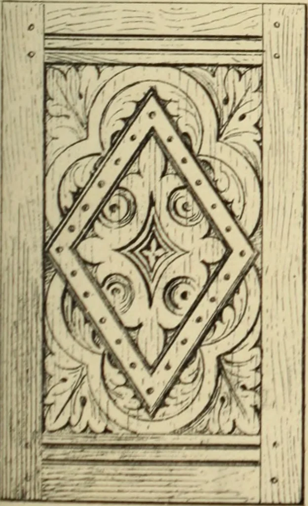 An illustration from Elements of style in furniture and woodwork, being a series of details of the Italian, German Renaissance, Elizabethan, Louis XIVth, Louis XVth, Louis XVIth, Sheraton, Adams, Empire, Chinese, Japanese, and Moresque styles ... for the use of architects, furniture designers, cabinet makers and others, 1889, leaf 64