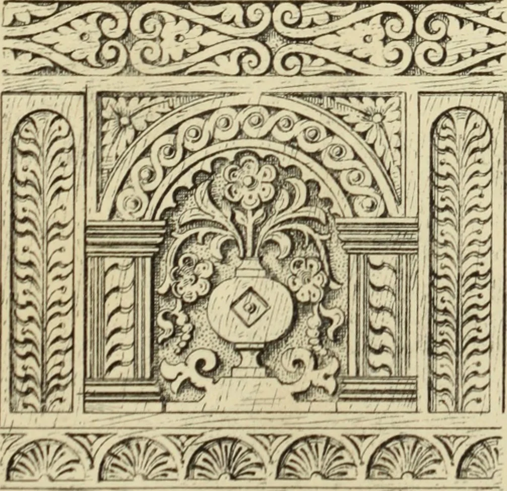 An illustration from Elements of style in furniture and woodwork, being a series of details of the Italian, German Renaissance, Elizabethan, Louis XIVth, Louis XVth, Louis XVIth, Sheraton, Adams, Empire, Chinese, Japanese, and Moresque styles ... for the use of architects, furniture designers, cabinet makers and others, 1889, leaf 64