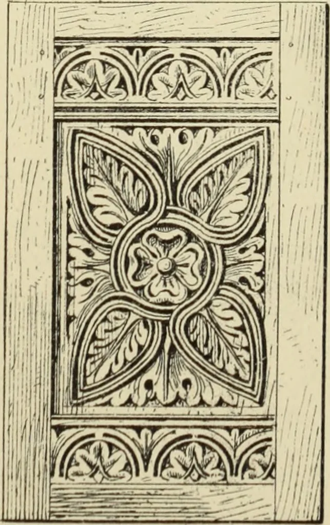 An illustration from Elements of style in furniture and woodwork, being a series of details of the Italian, German Renaissance, Elizabethan, Louis XIVth, Louis XVth, Louis XVIth, Sheraton, Adams, Empire, Chinese, Japanese, and Moresque styles ... for the use of architects, furniture designers, cabinet makers and others, 1889, leaf 64