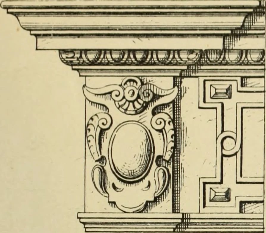 An illustration from Elements of style in furniture and woodwork, being a series of details of the Italian, German Renaissance, Elizabethan, Louis XIVth, Louis XVth, Louis XVIth, Sheraton, Adams, Empire, Chinese, Japanese, and Moresque styles ... for the use of architects, furniture designers, cabinet makers and others, 1889, leaf 66