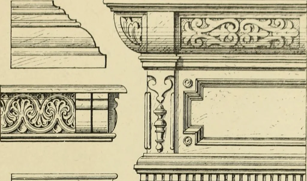 An illustration from Elements of style in furniture and woodwork, being a series of details of the Italian, German Renaissance, Elizabethan, Louis XIVth, Louis XVth, Louis XVIth, Sheraton, Adams, Empire, Chinese, Japanese, and Moresque styles ... for the use of architects, furniture designers, cabinet makers and others, 1889, leaf 66